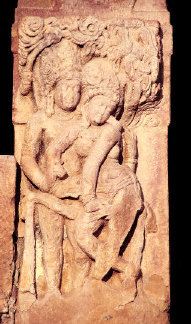 Divine couple, Sculpted pillar, Lad Khan temple, Aihole, 6th century.