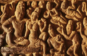 Siva and Parvati, sculpted pillar, interior of the Virupaksha temple. 