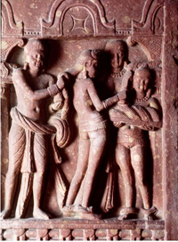 Woman's Shringhar, Kushana period, scene on a pillar railing